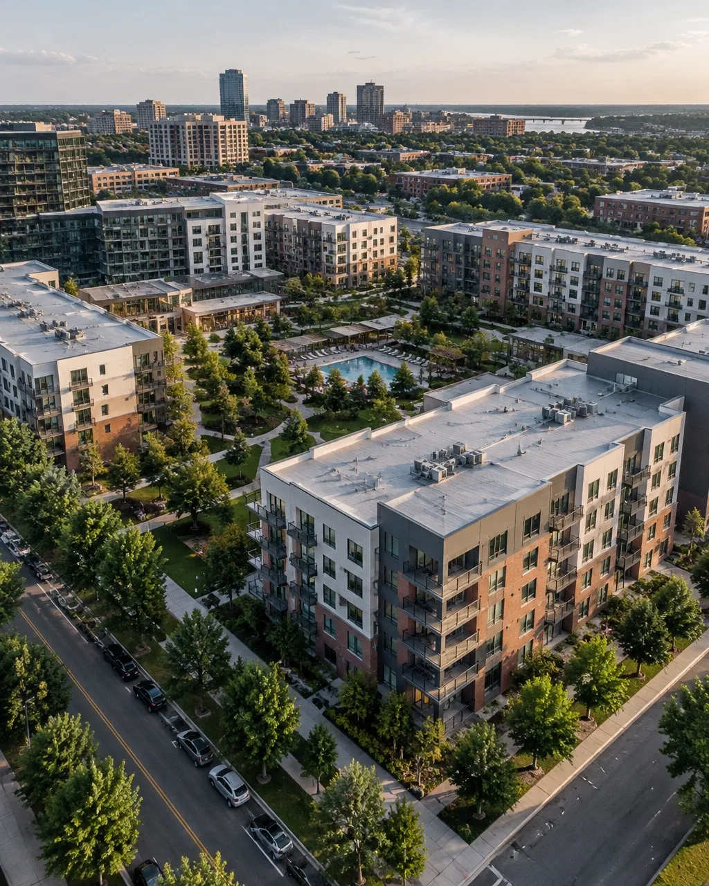 Aerial view of a large multifamily apartment community